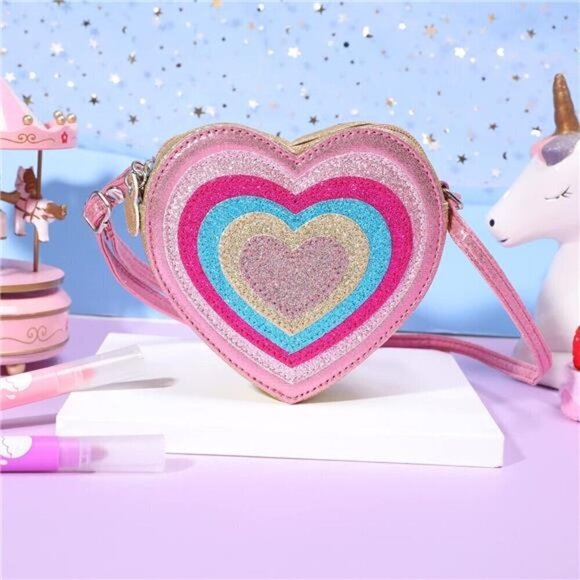 Heart Shaped Purse Pink Purse for Girls Kids Sparkly Pink with Shoulder Strap - Picture 3 of 8